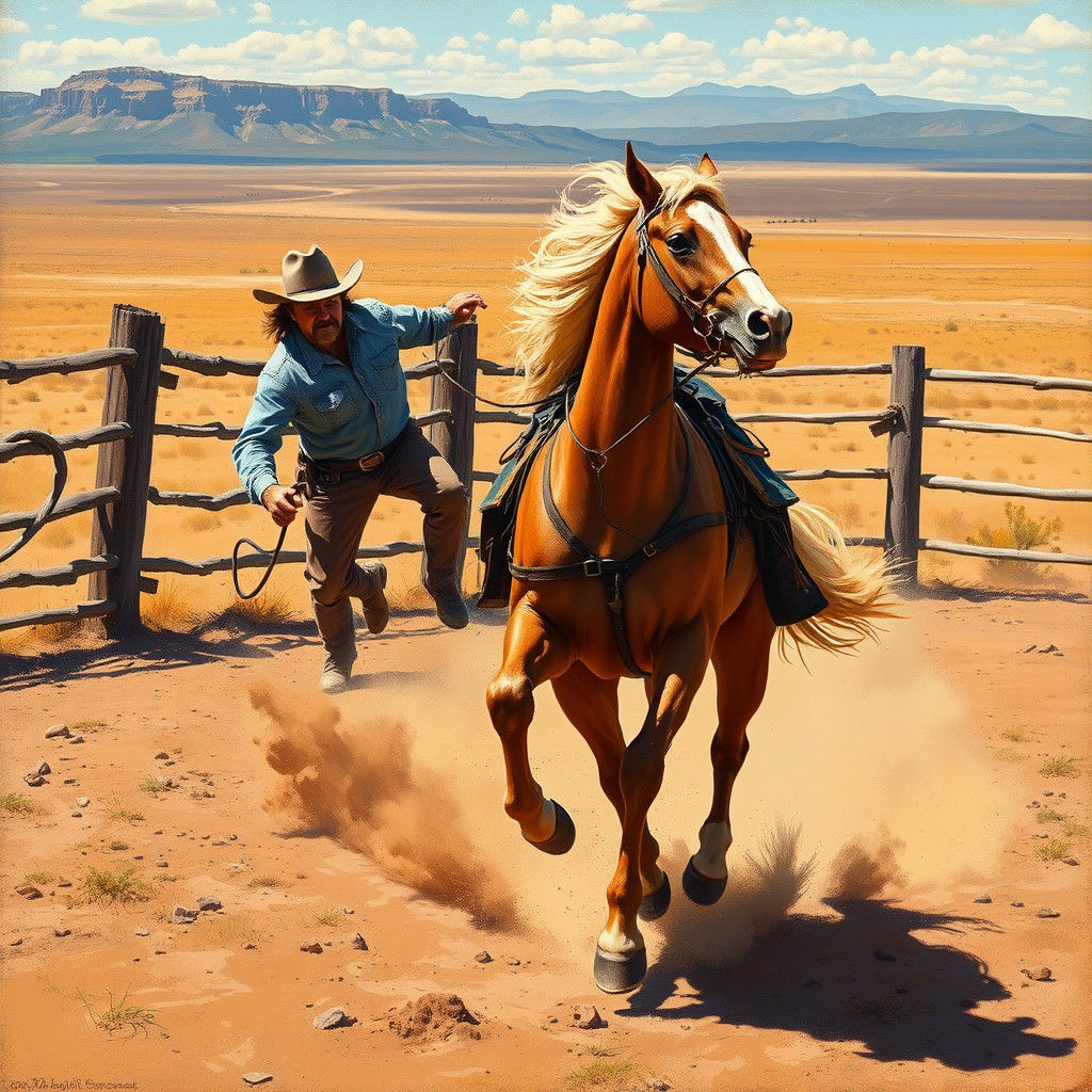 Cowboy Pursues Palomino: Western Art Scene