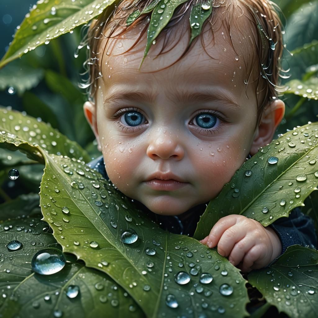 Macro Photo of Baby on Leaf with Dew Drops