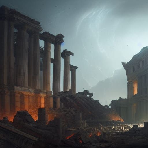 Earthquake Devastates Ancient Ruins in Dark Fantasy Style