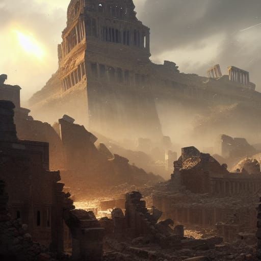 Earthquake Devastation in Ancient Ruins: Dark Fantasy Art