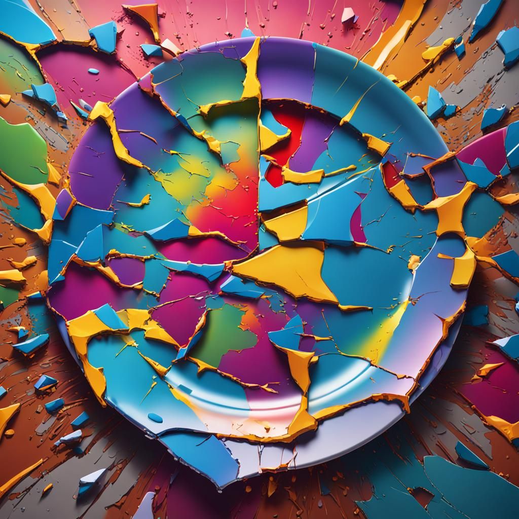 Hyperrealistic Cracked Plate Splash Art on Table