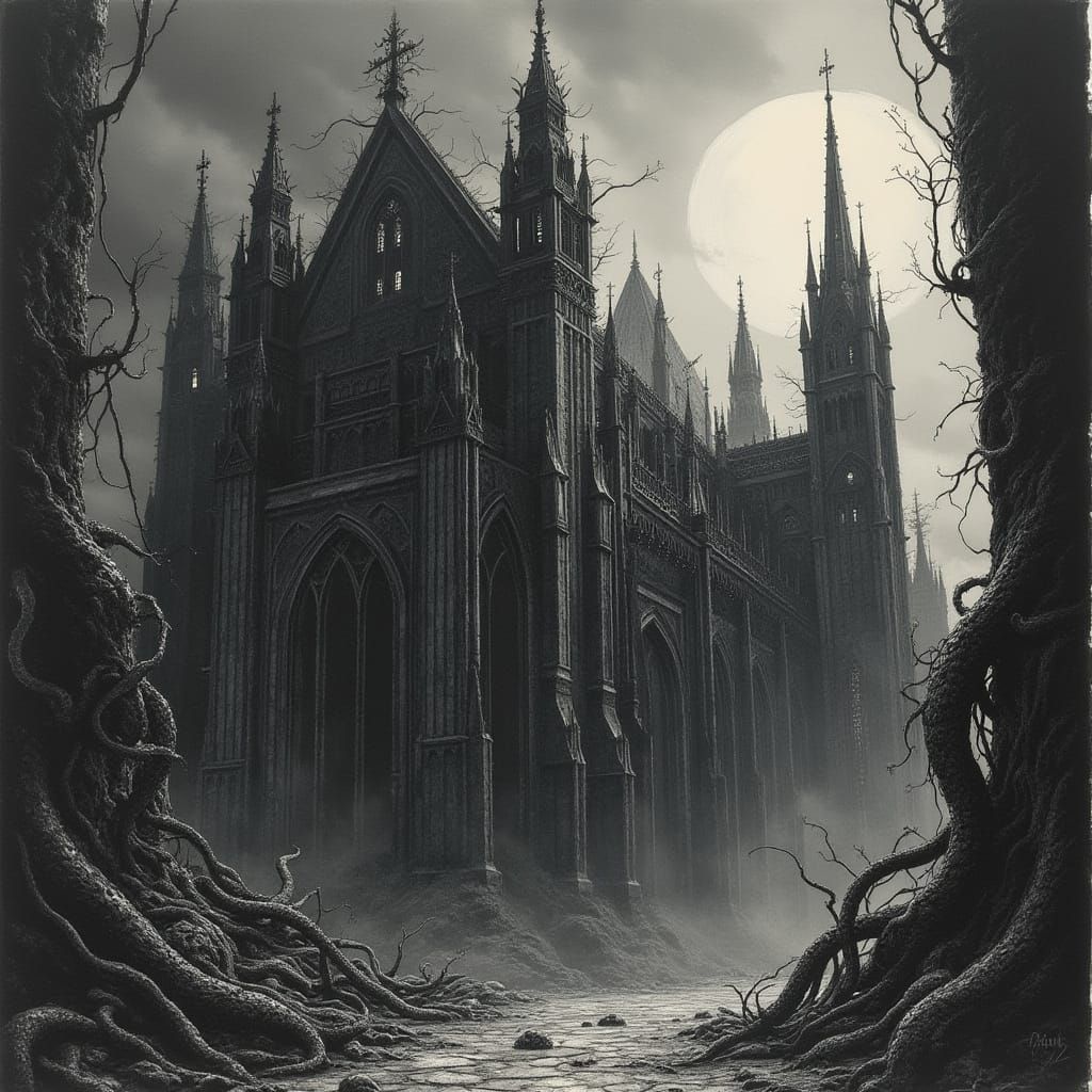 Gothic Cathedral Overrun by Lovecraftian Vines, Charcoal Dra...