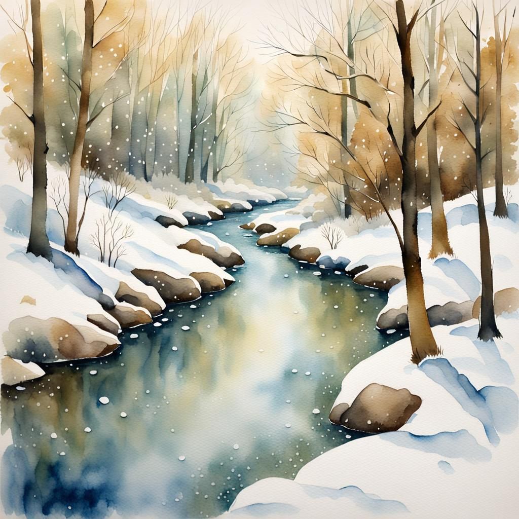 Winter Forest: Watercolor Landscape with Creek