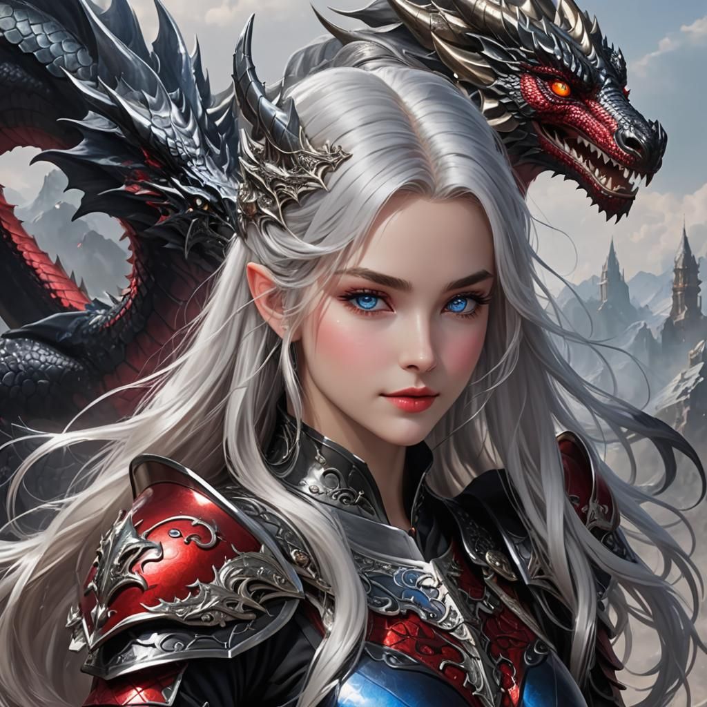 Silver Dragon Beauty in Red and Black Armor