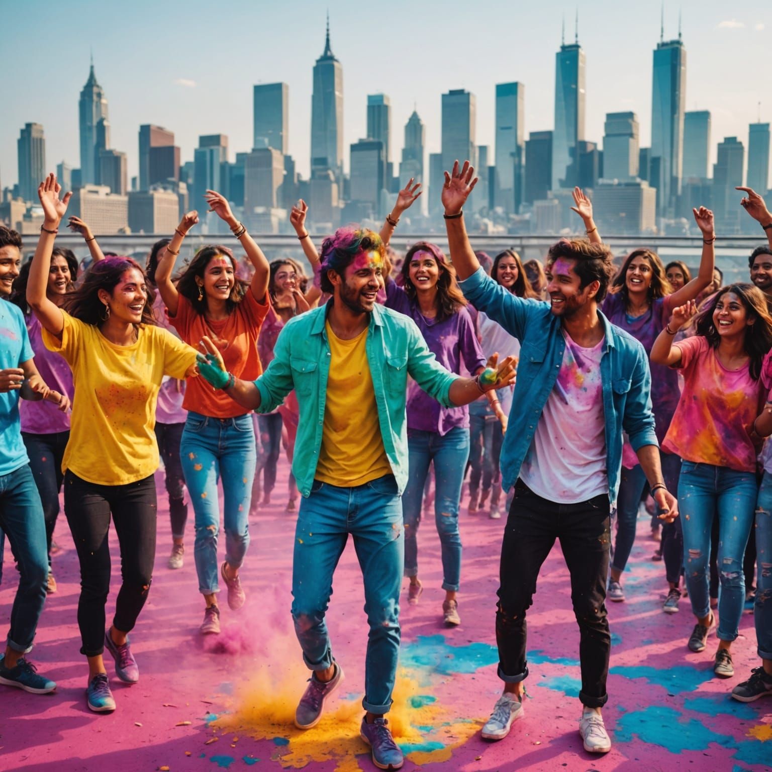 Rooftop Holi Party in Vibrant Cityscape