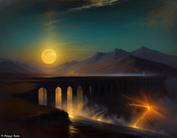 Train Steams Through Desolate Landscape in Romanticism Style