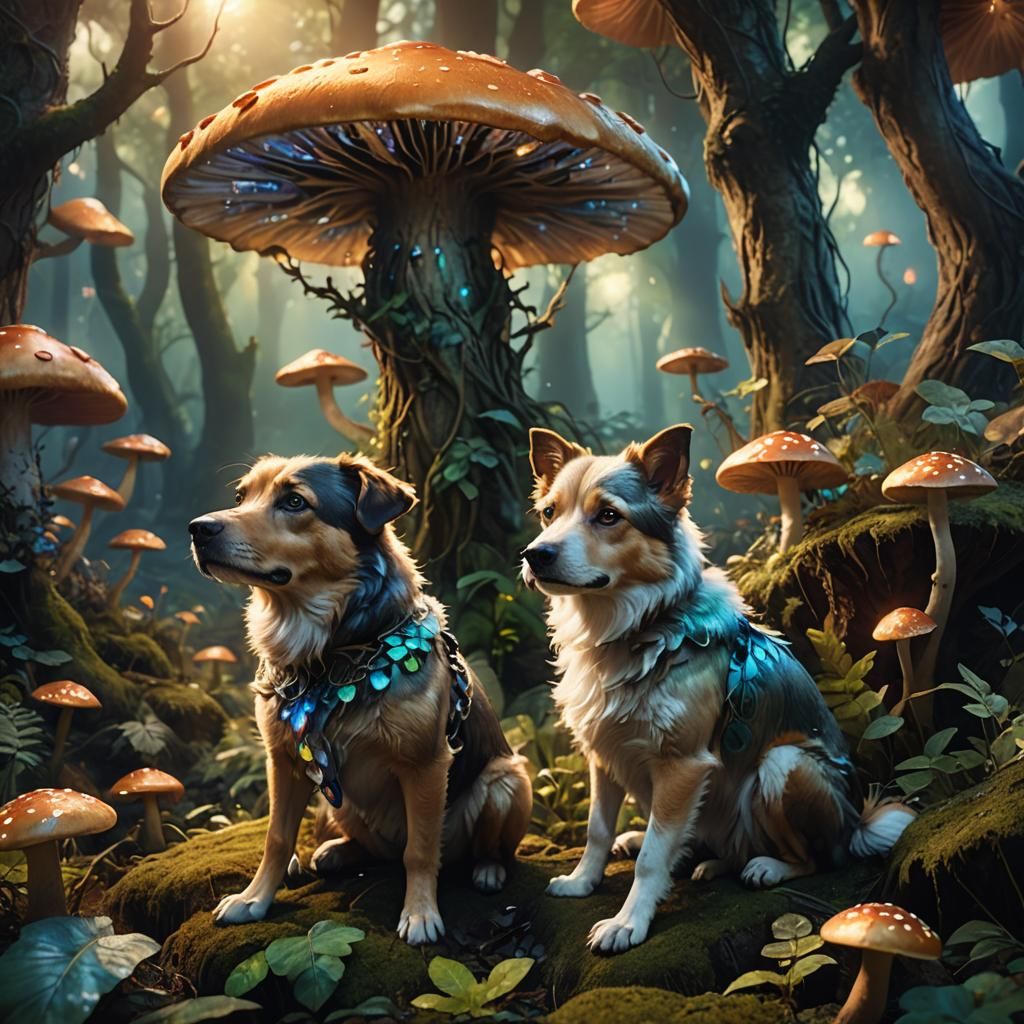 Dog on Glowing Mushroom in Enchanted Forest