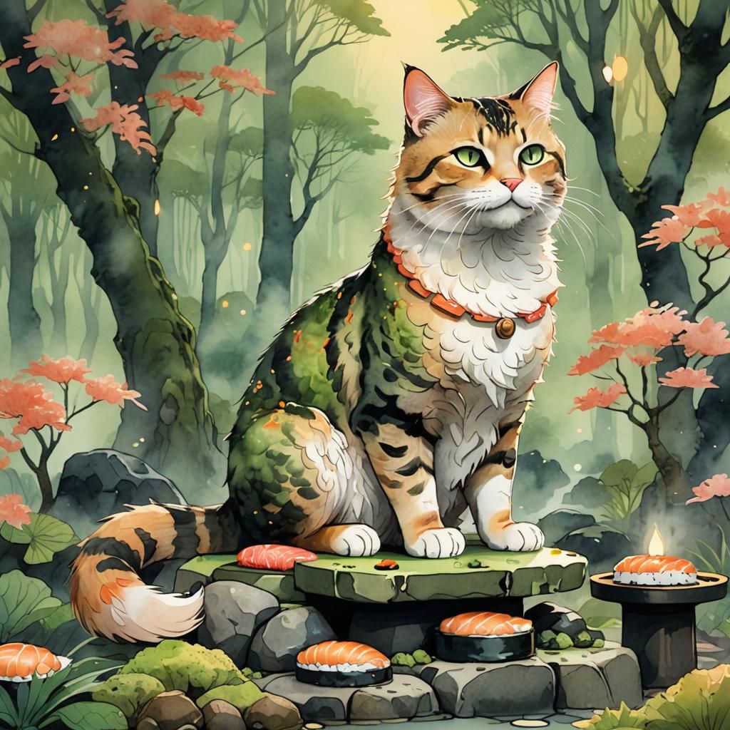 Sushi Cat in Misty Zen Garden, Watercolor Style