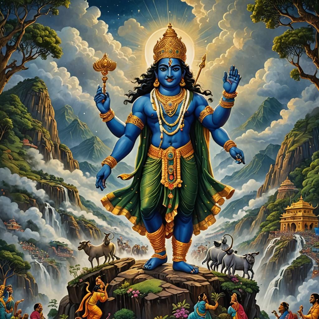 Krishna Lifting Govardhana Mountain in Unreal Engine Style