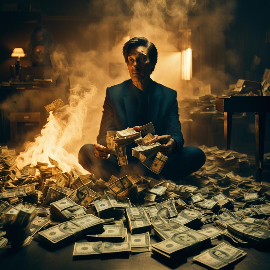 Person Overwhelmed by Dollars in Film Noir Style