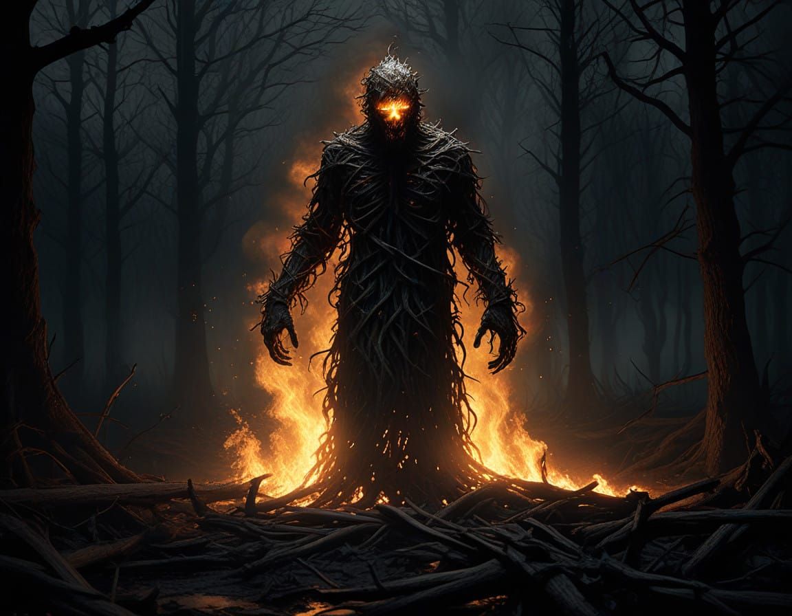 Figure Engulfed in Flames, Dark Eerie Atmosphere