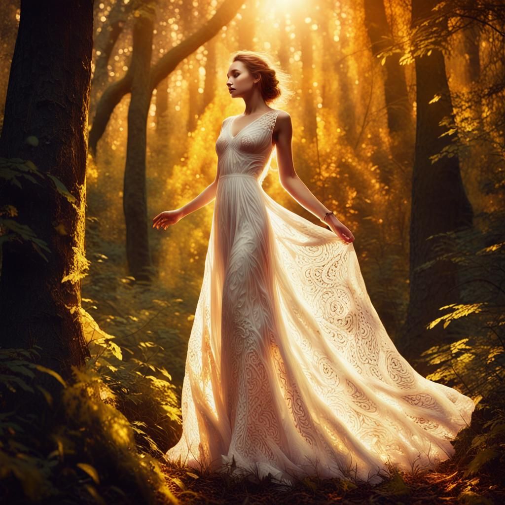 Woman in White Dress in Lush Forest: 8K Digital Art