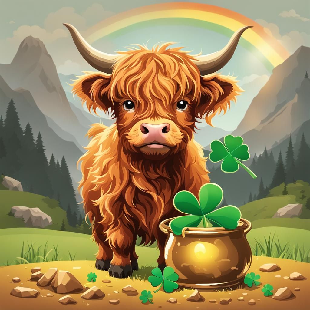 Charming Highland Cow with Pot of Gold
