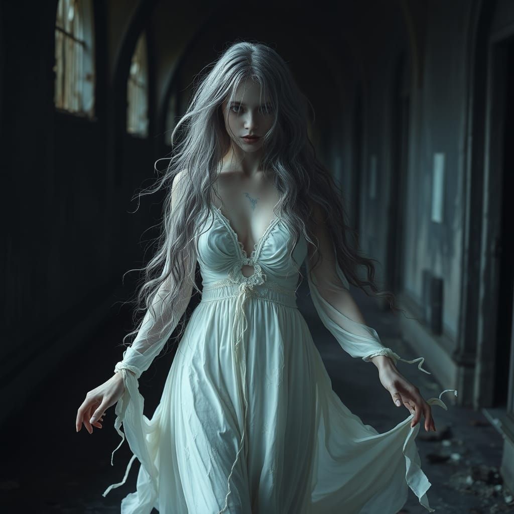 Ethereal Woman in Gothic Setting, Surrealist Art