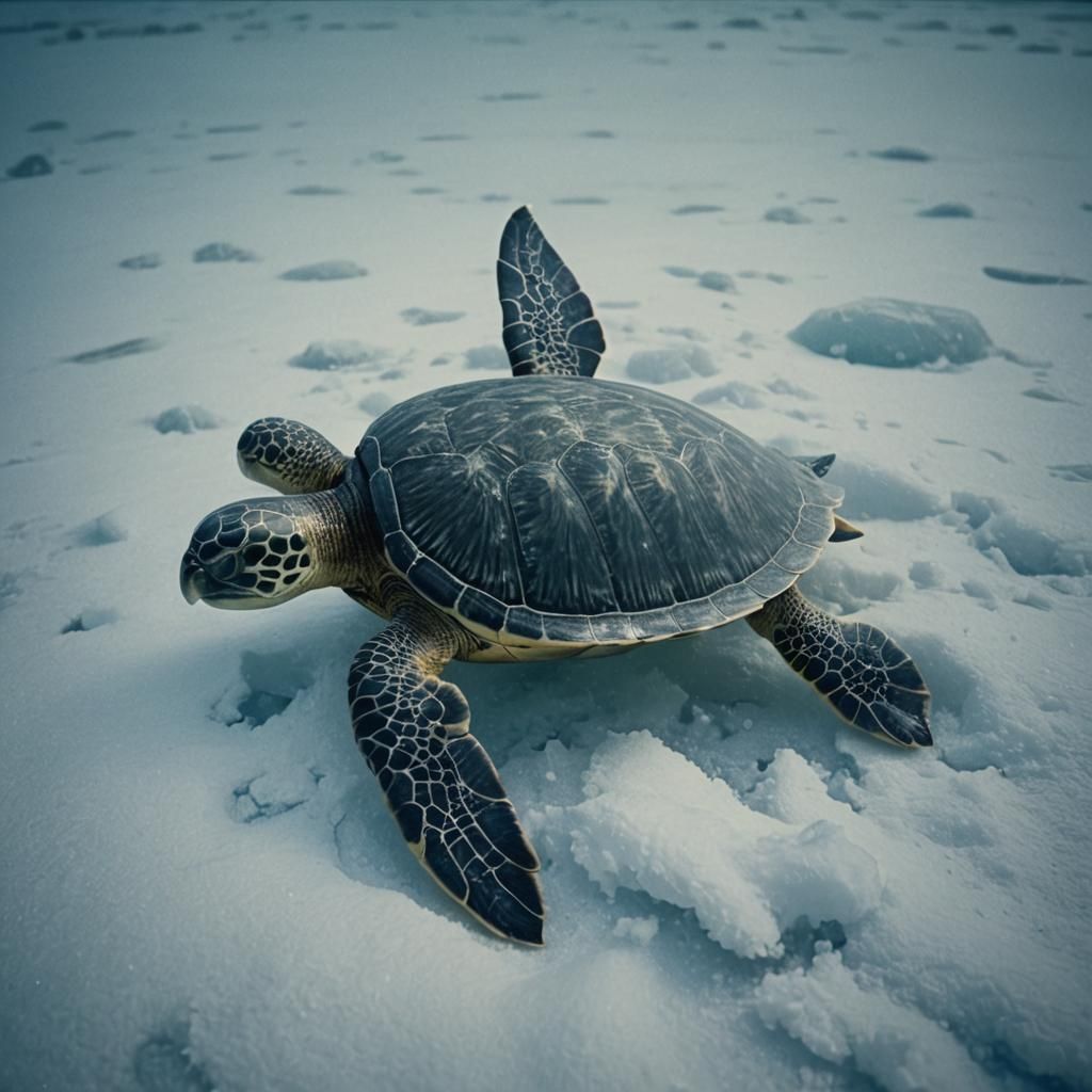 Sea Turtle Mobile in Icy Blizzard: Cinematic Still