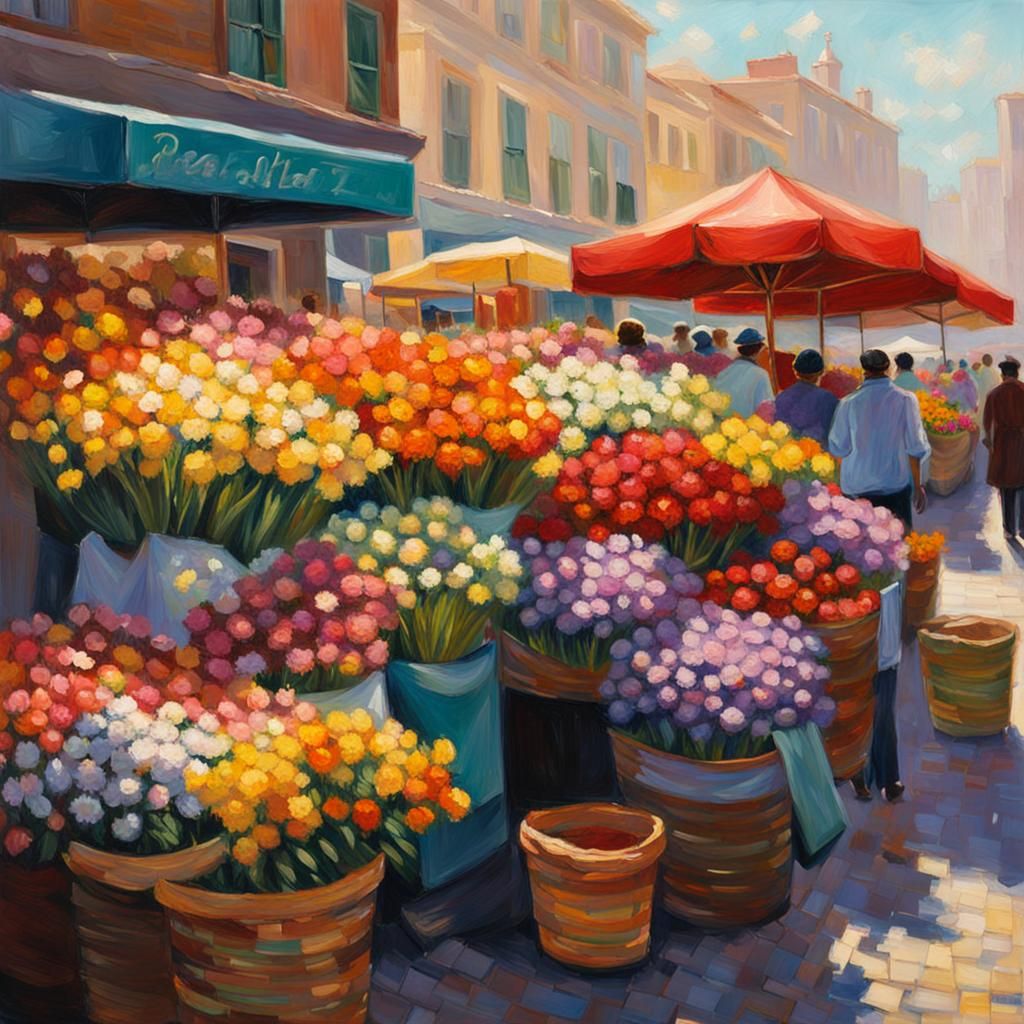 Bustling Flower Market in Impressionist Oil Painting Style