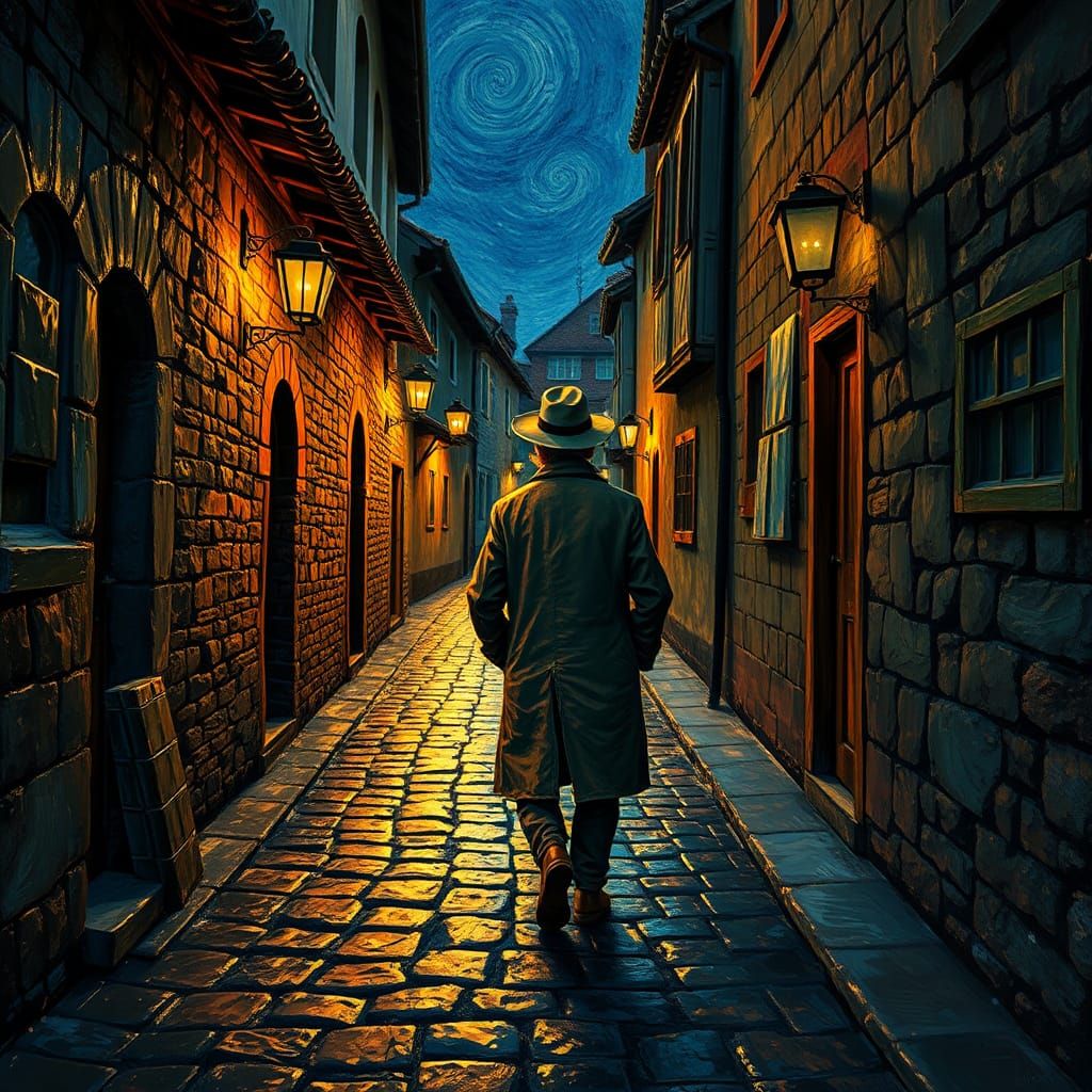 Cobblestone Alley at Night in Post-Impressionist Style