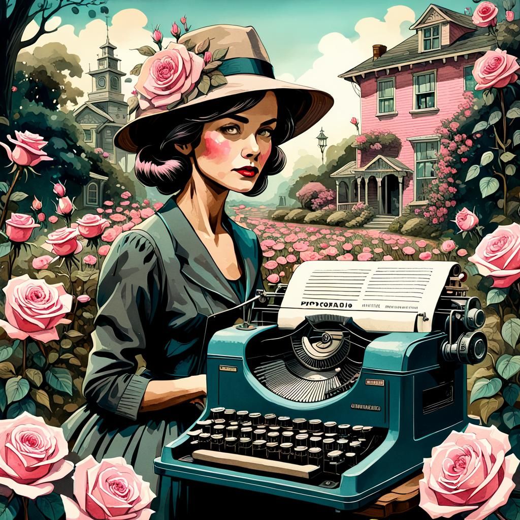 Vintage Woman in Rose Garden: Digital Watercolor Collage