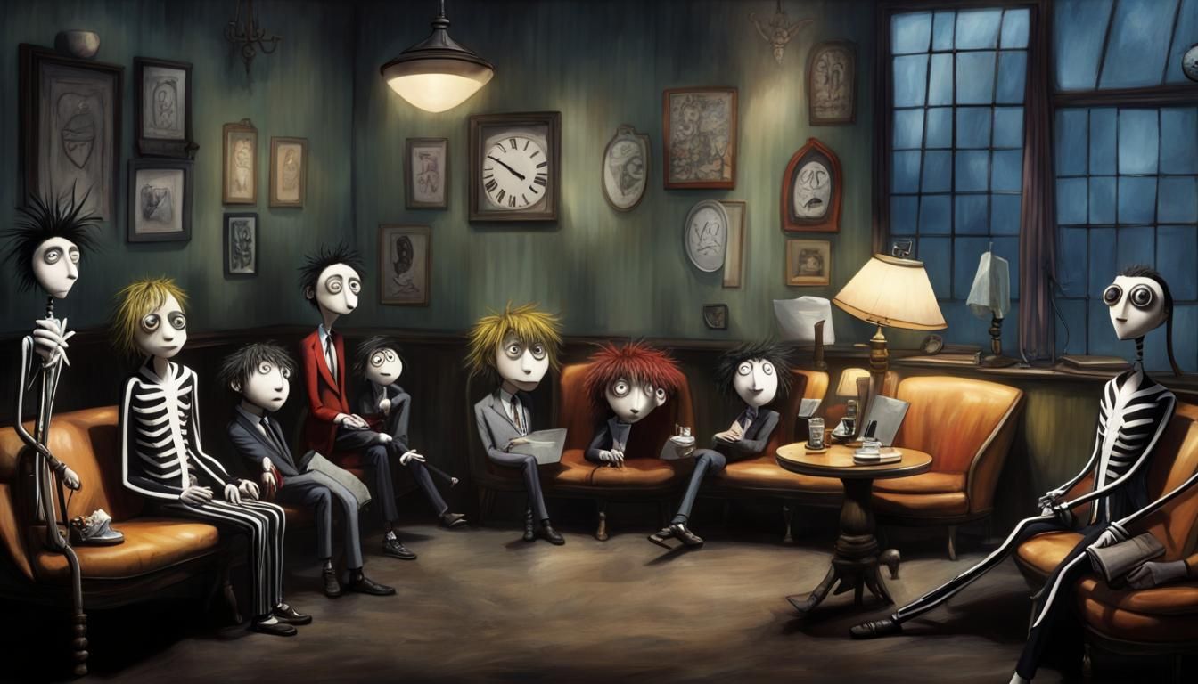 Tim Burton Waiting Room Scene with Odd Characters