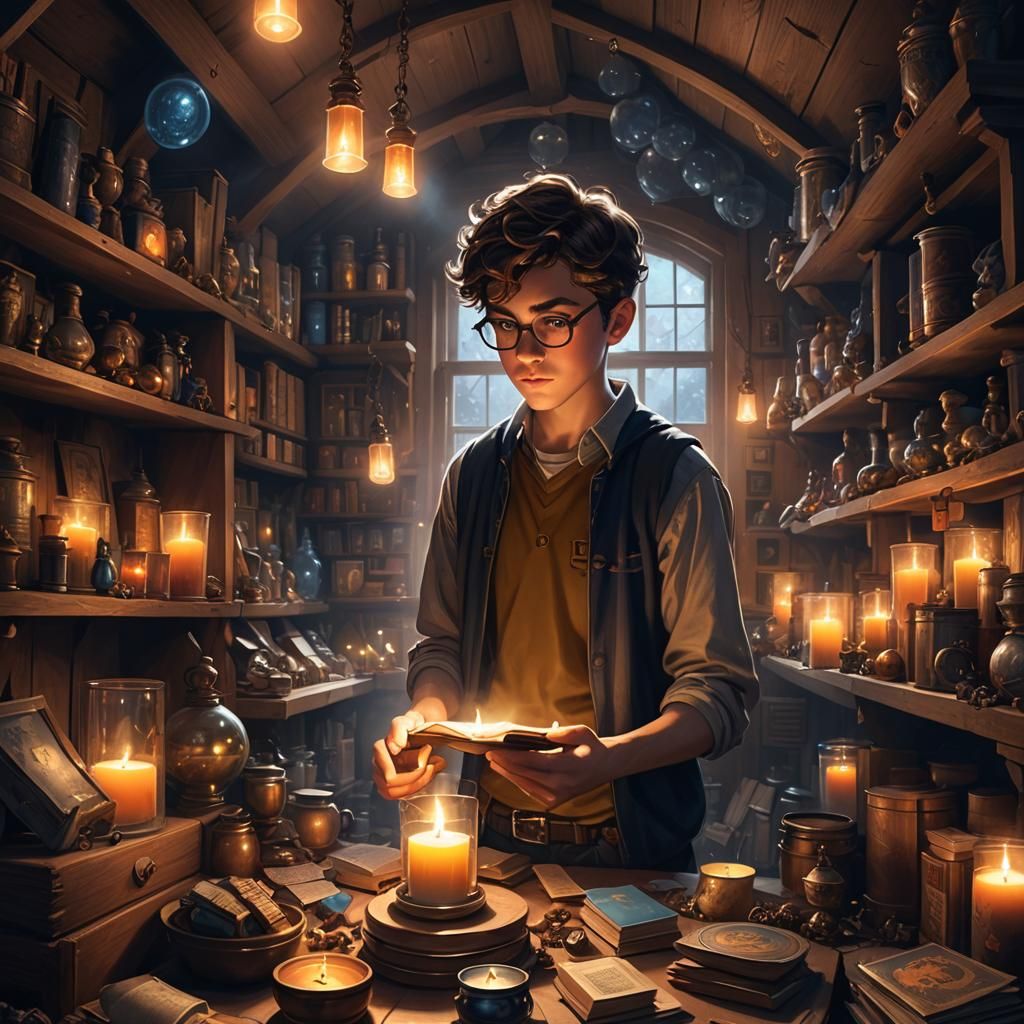 Boy Searches Attic by Candlelight in Fantasy Style