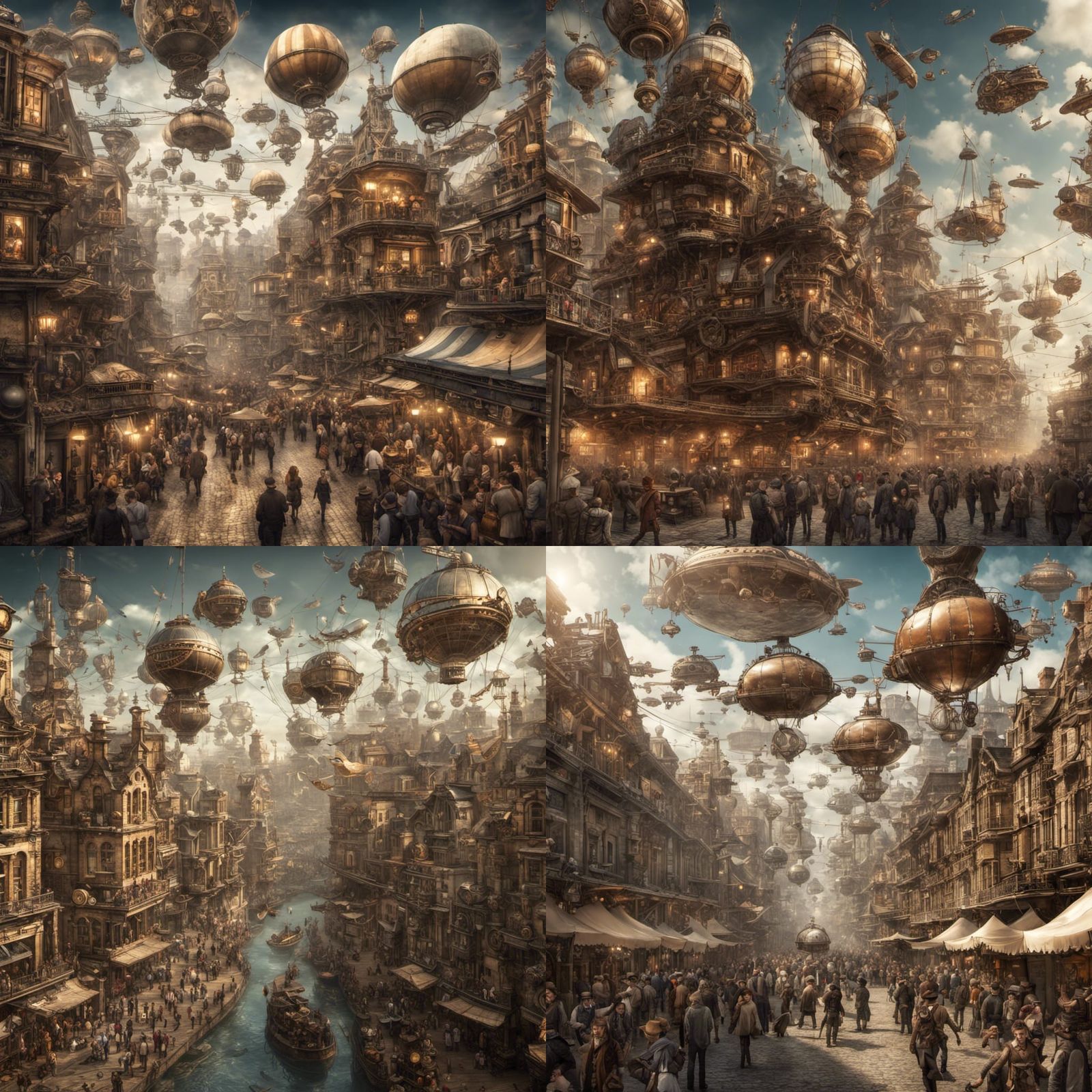 Steampunk City with Floating Lanterns and Flying Ships