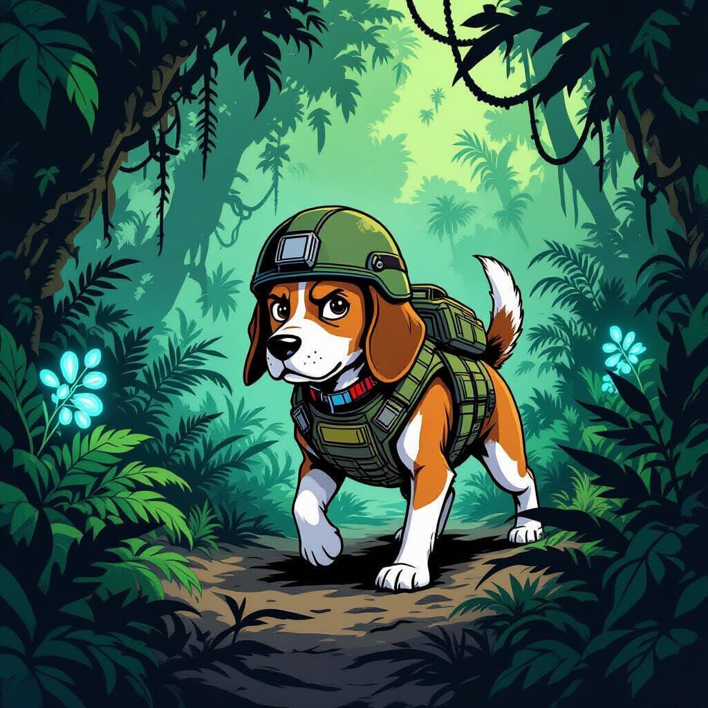 Beagle Soldier Explores Alien Jungle in Comic Art Style