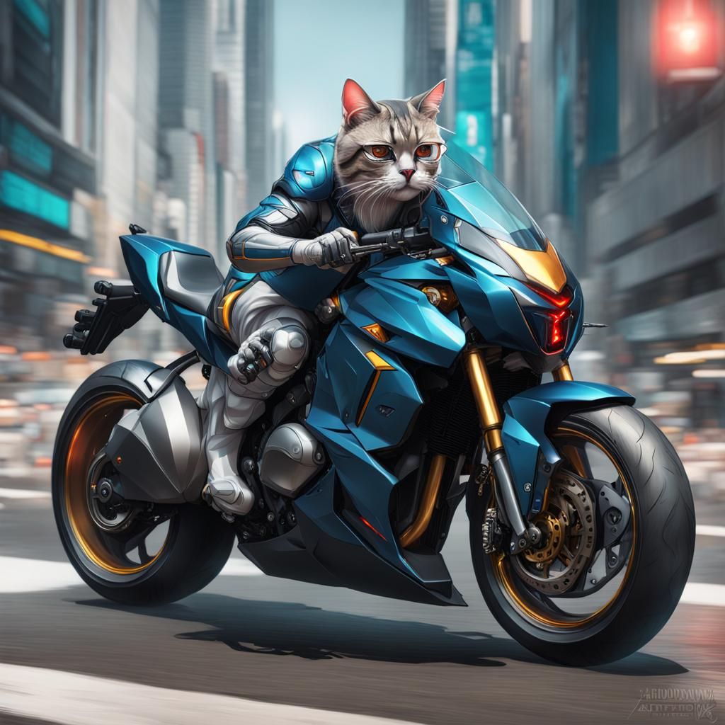 Cat in Motorized Suit Driving Motorcycle