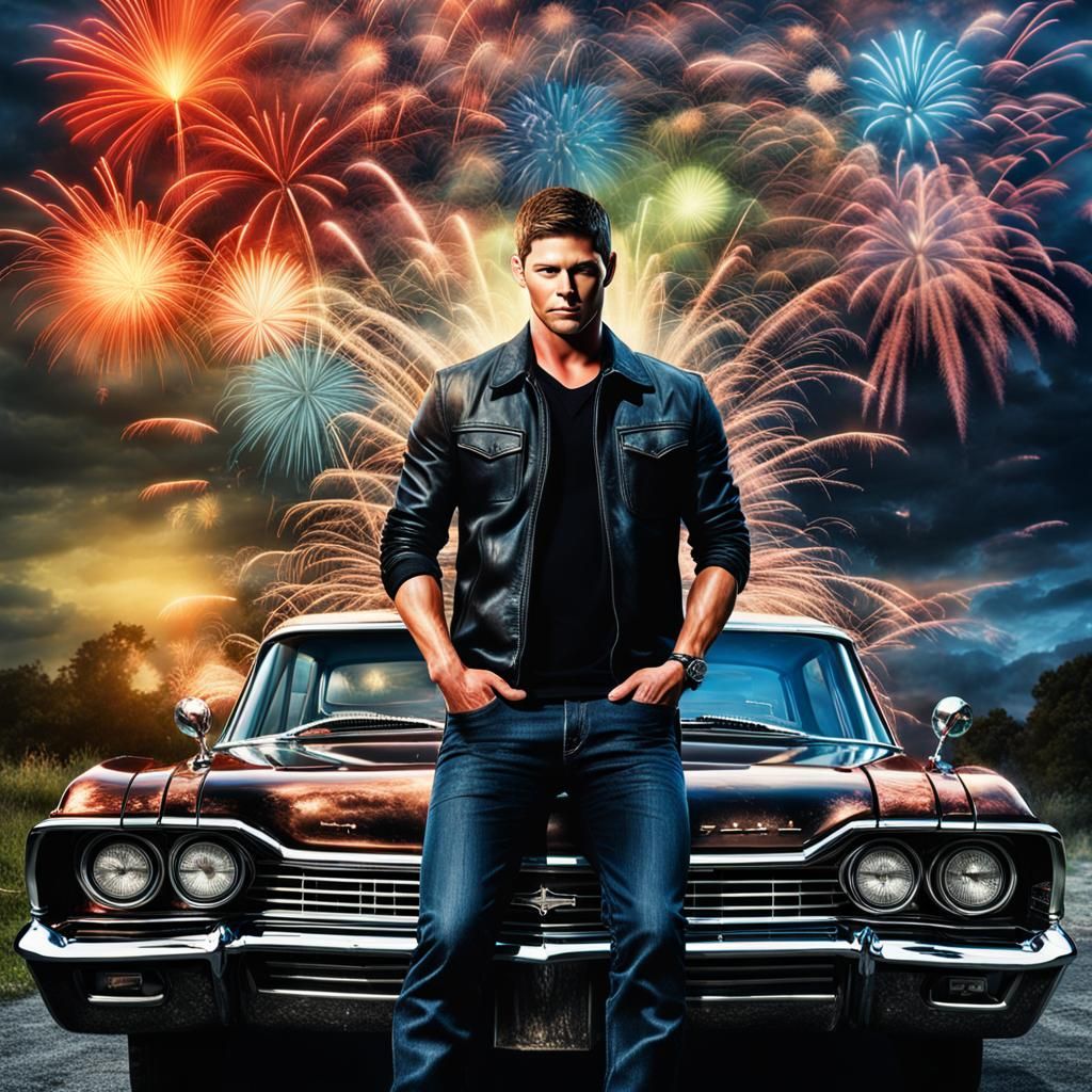 Dean Winchester with Impala Under Fireworks