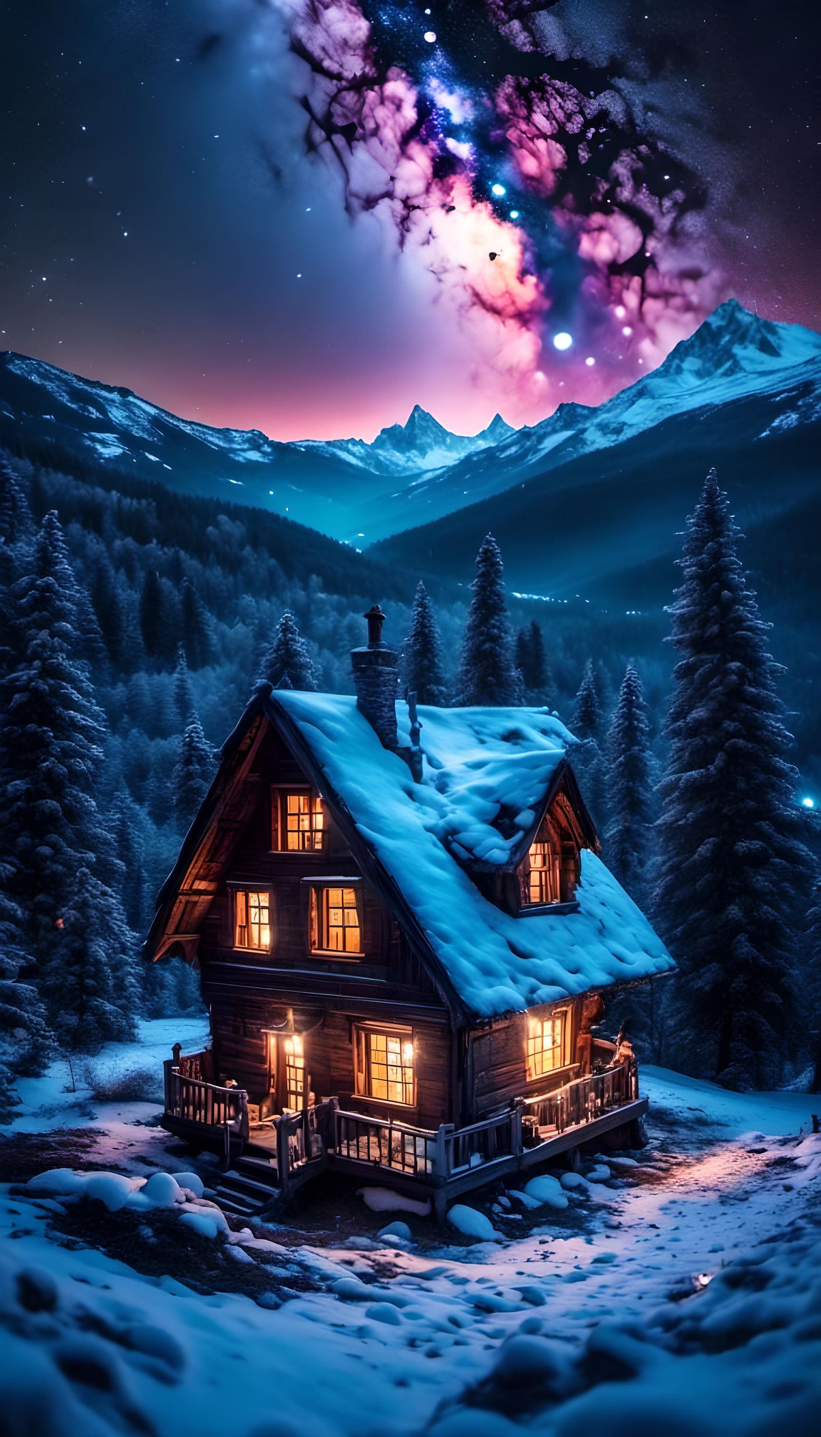 Sparkly Night Cottage in Snowy Forest