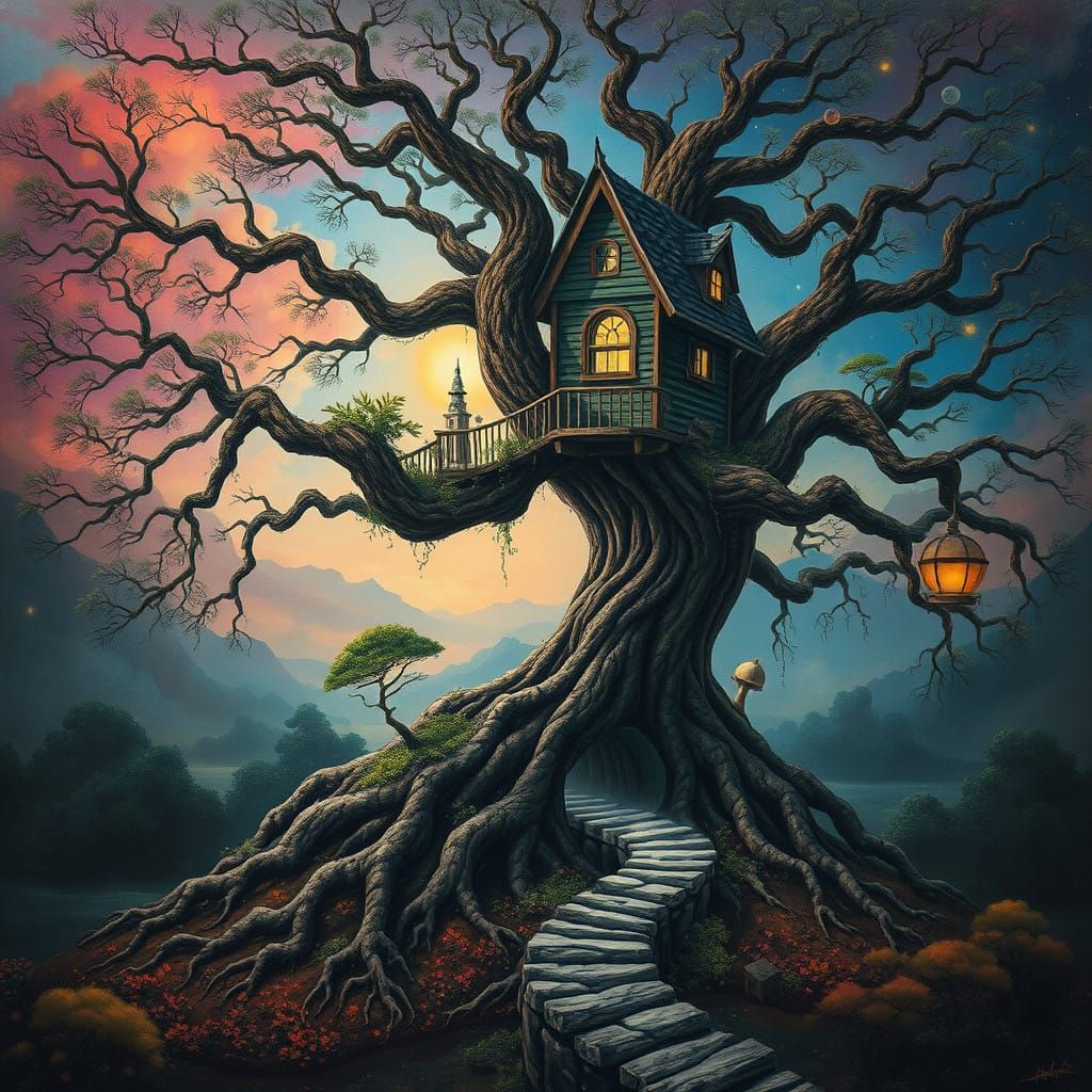 Surreal Treehouse Portal in a Dreamlike Bonsai Landscape