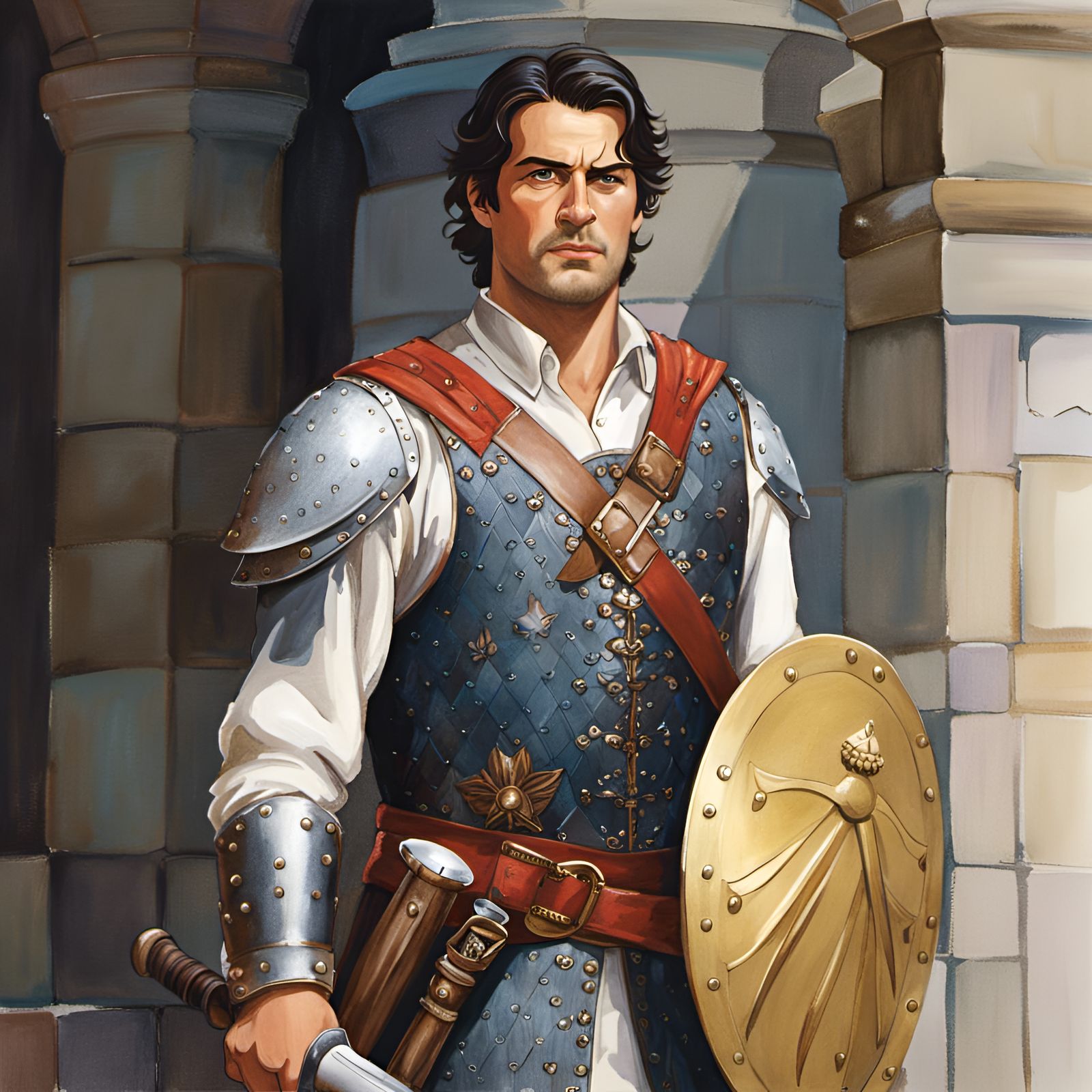 Medieval Guard Captain Portrait in Watercolor Style