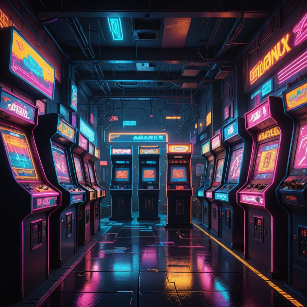 Retro Futuristic Arcade Champion Triumphs in Neon-Lit Night