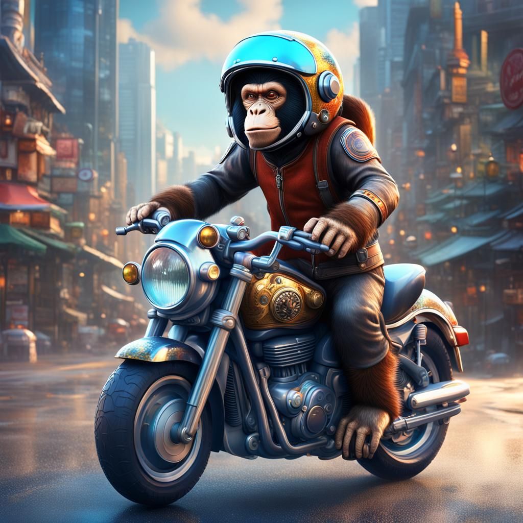 Monkey in Helmet with Cityscape, Detailed Matte Painting