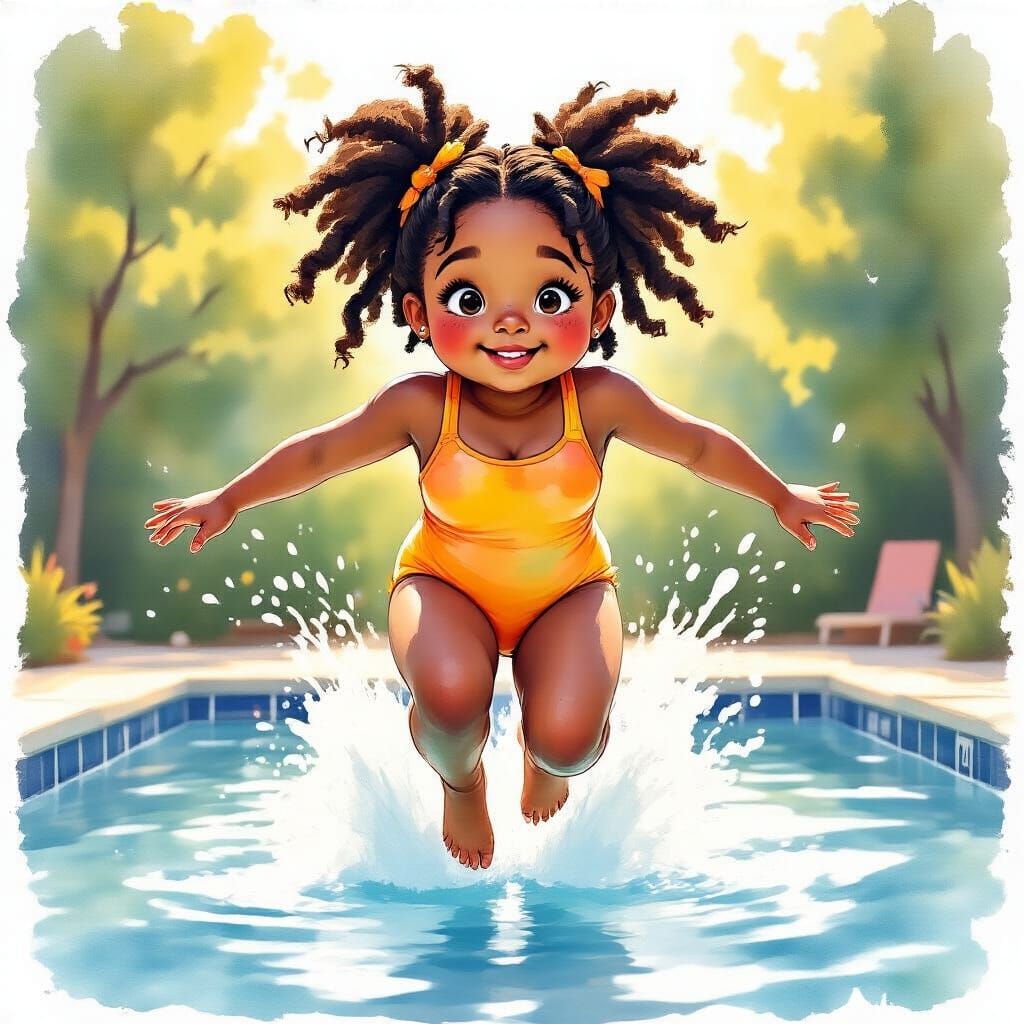 Girl Leaps from Springboard: Watercolor Art