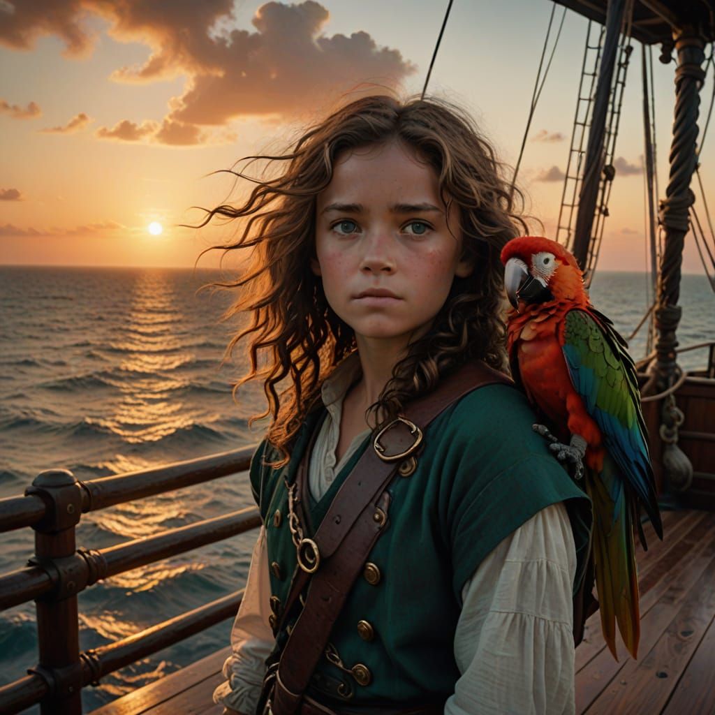 Ethereal Pirate Girl Gazes at Sunset Horizon in Cinematic St...