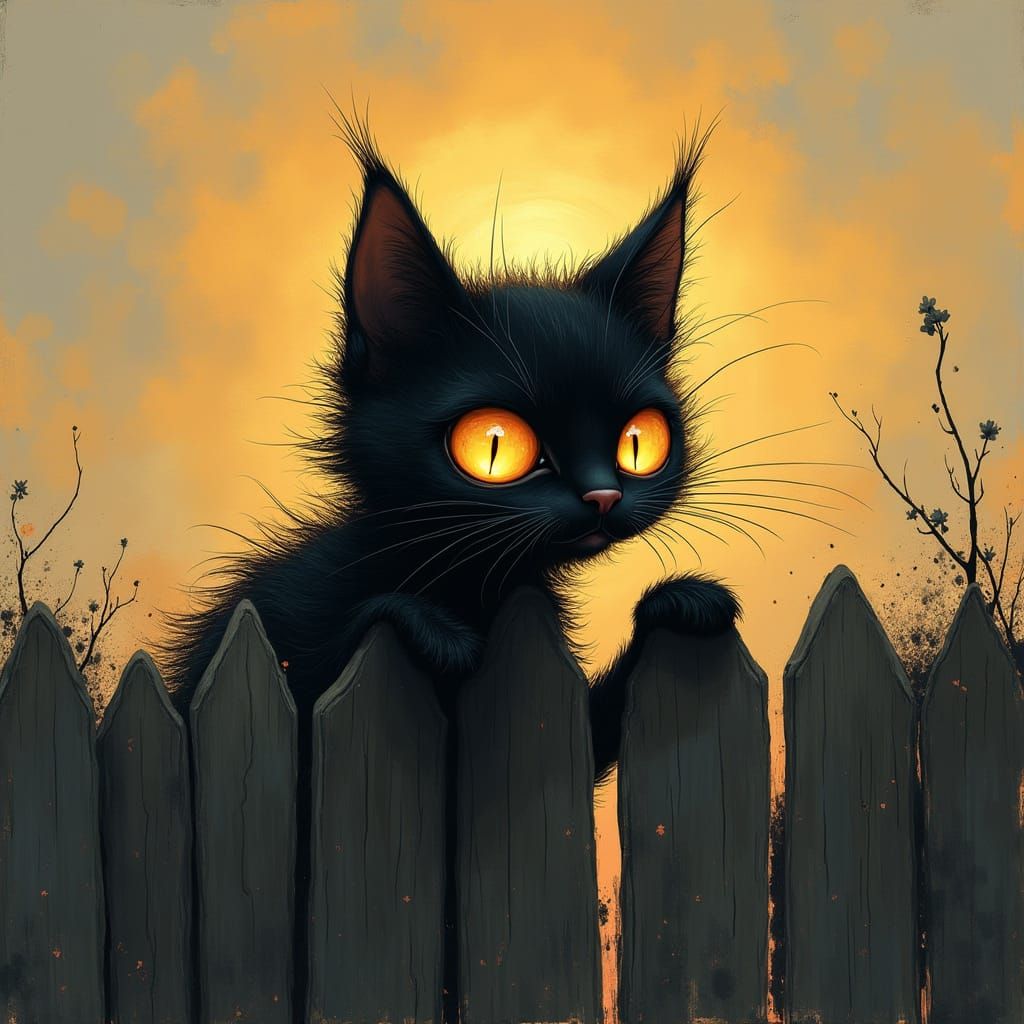 Mischievous Black Kitten with Glowing Eyes