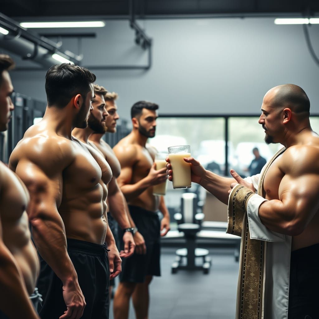 Muscular Gym Gods Receive Holy Protein Elixir