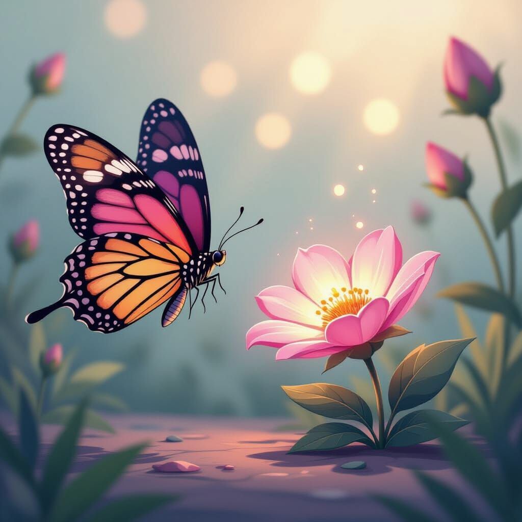 Cartoon Butterfly and Glowing Flower in Manga Style