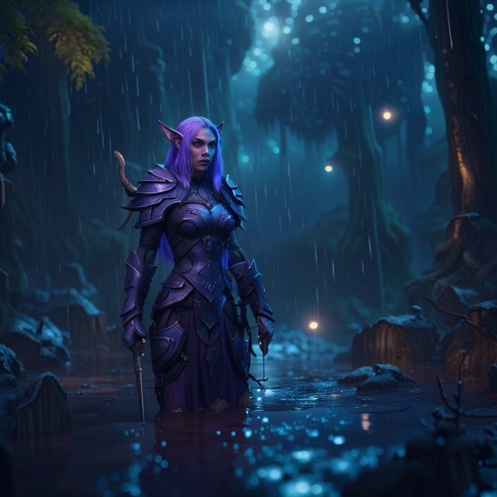 Armored Night Elf Warrior in Rainy Forest