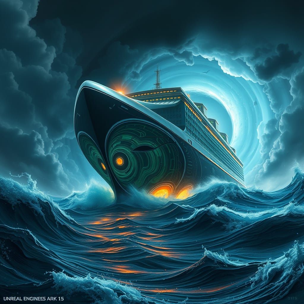 Sleek Modern Noah's Ark Awaits Stormy Skies in Cyberpunk Sty...