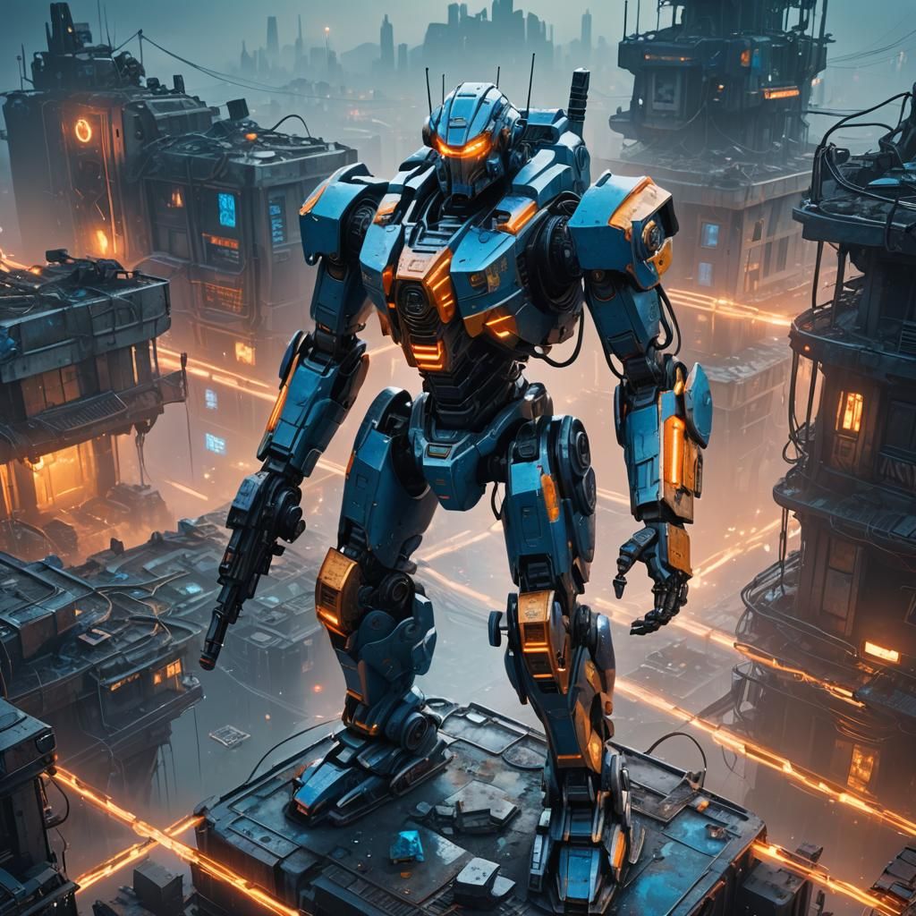 Battle Robot in Ruined Cityscape: Fantasy Concept Art