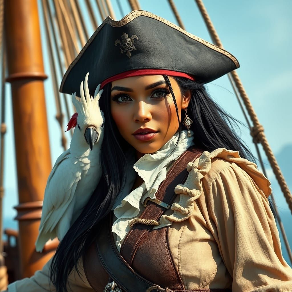 A Dashing Female Pirate Surveys the High Seas