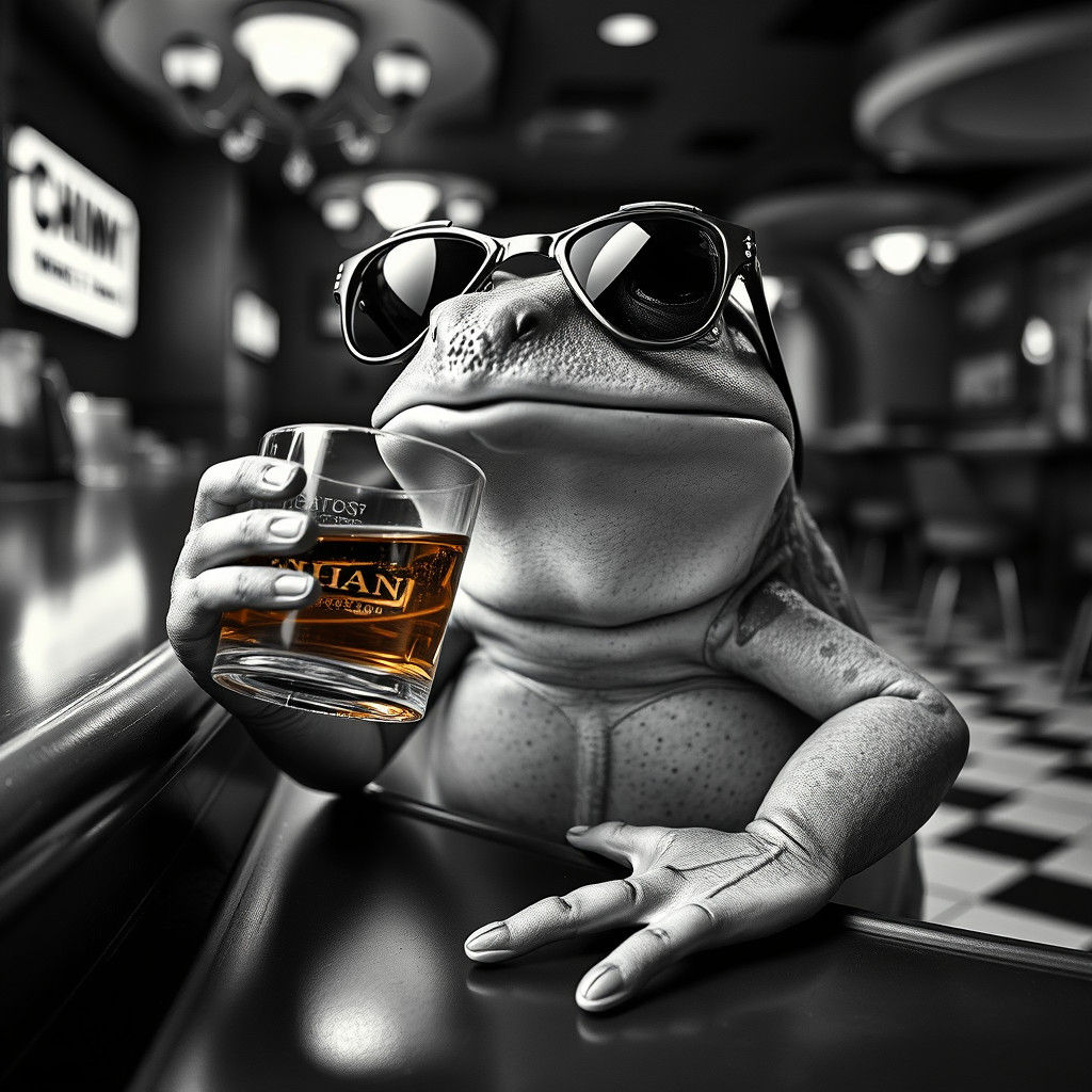 Hyperrealistic Frog Sips Whiskey at 1950s Bar in Black and W...