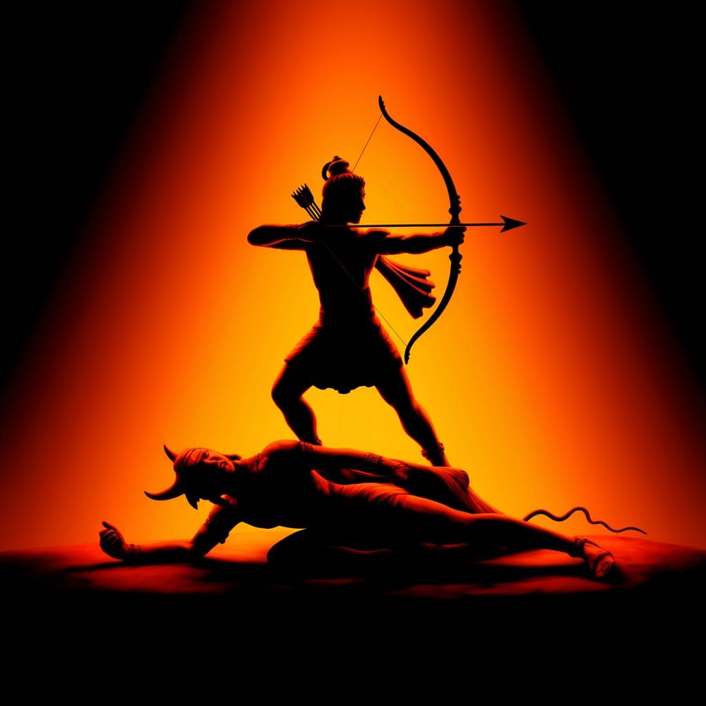 Lord Rama's Triumphant Victory in Vibrant Silhouette