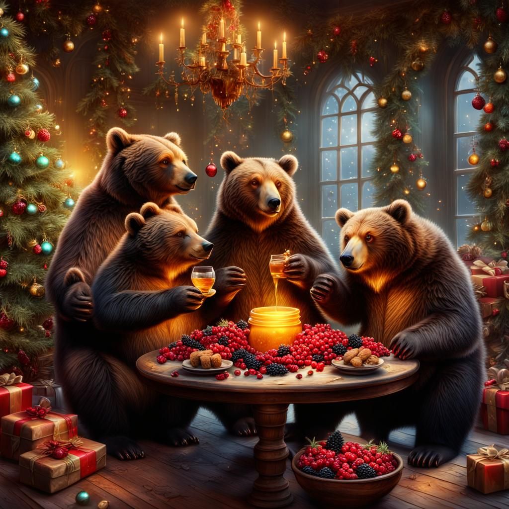 Festive Bear Family Christmas Celebration: Digital Matte Pai...