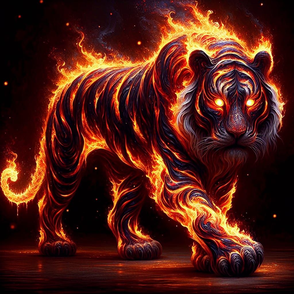 Majestic Fire Tiger Advances with Incandescent Glow