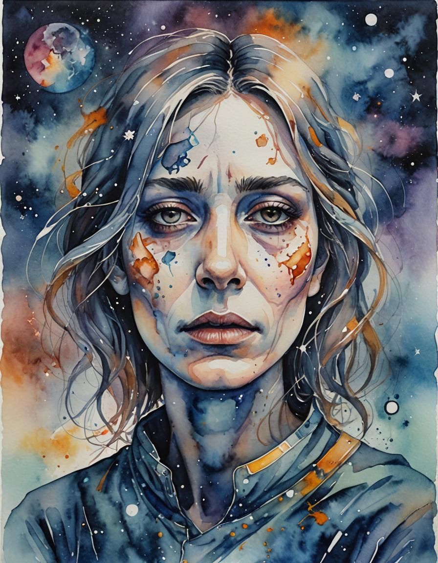 Watercolor Portrait of Exhaustion and Cosmic Despair