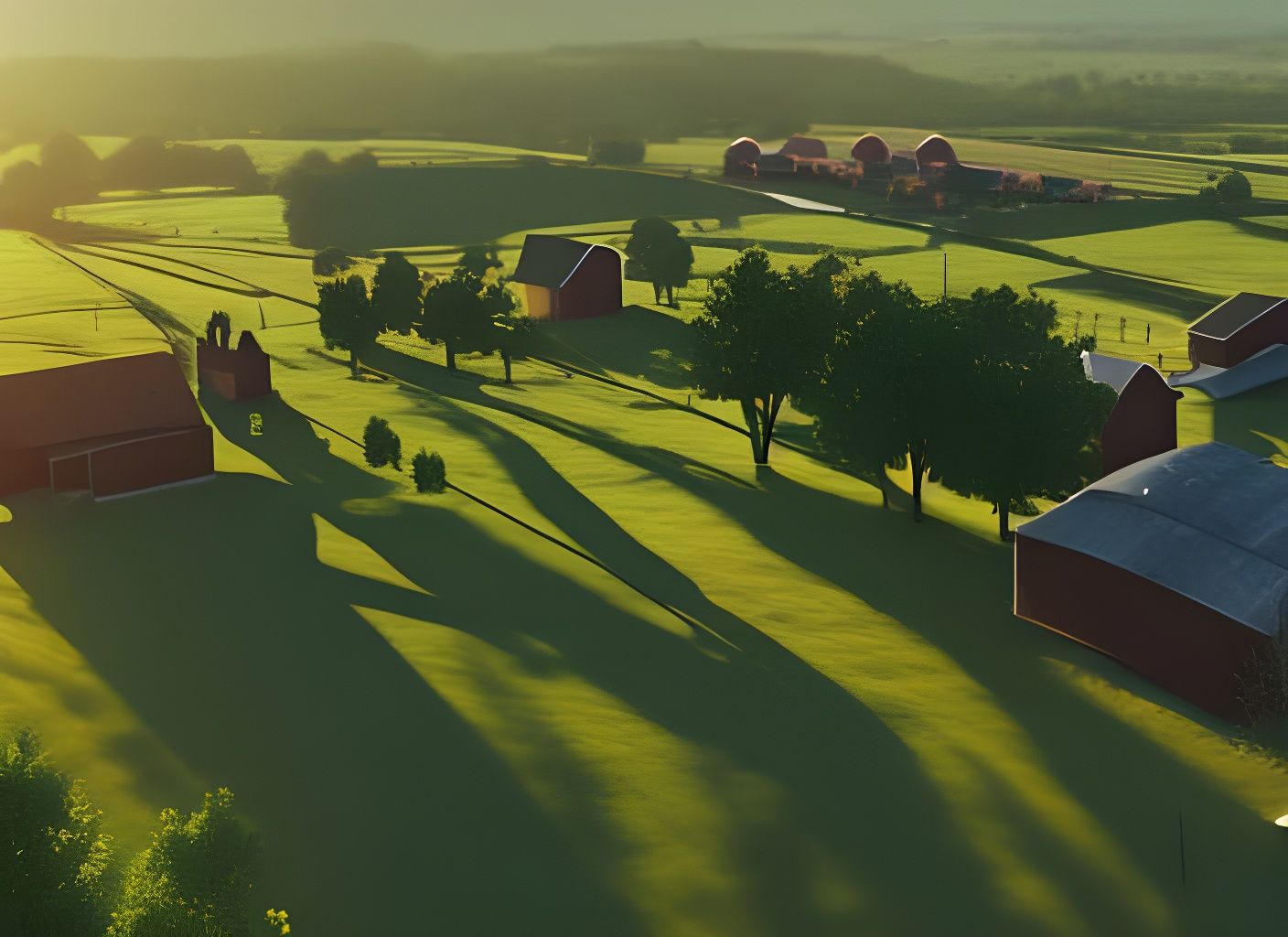 Farmhouse and Barn at Golden Hour in 8k