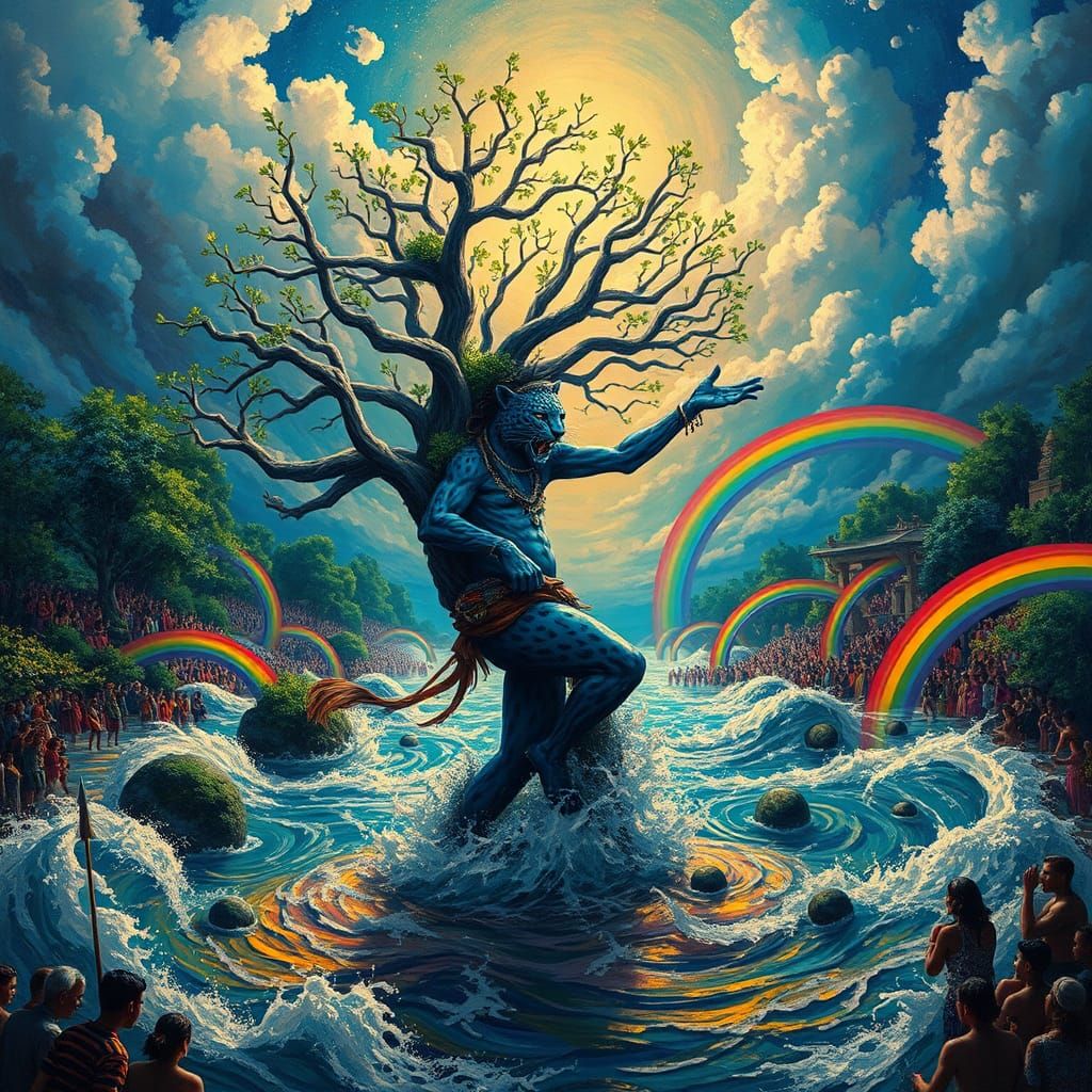 Blue Leopard Shaman Dancing in Flood: Surrealist Art