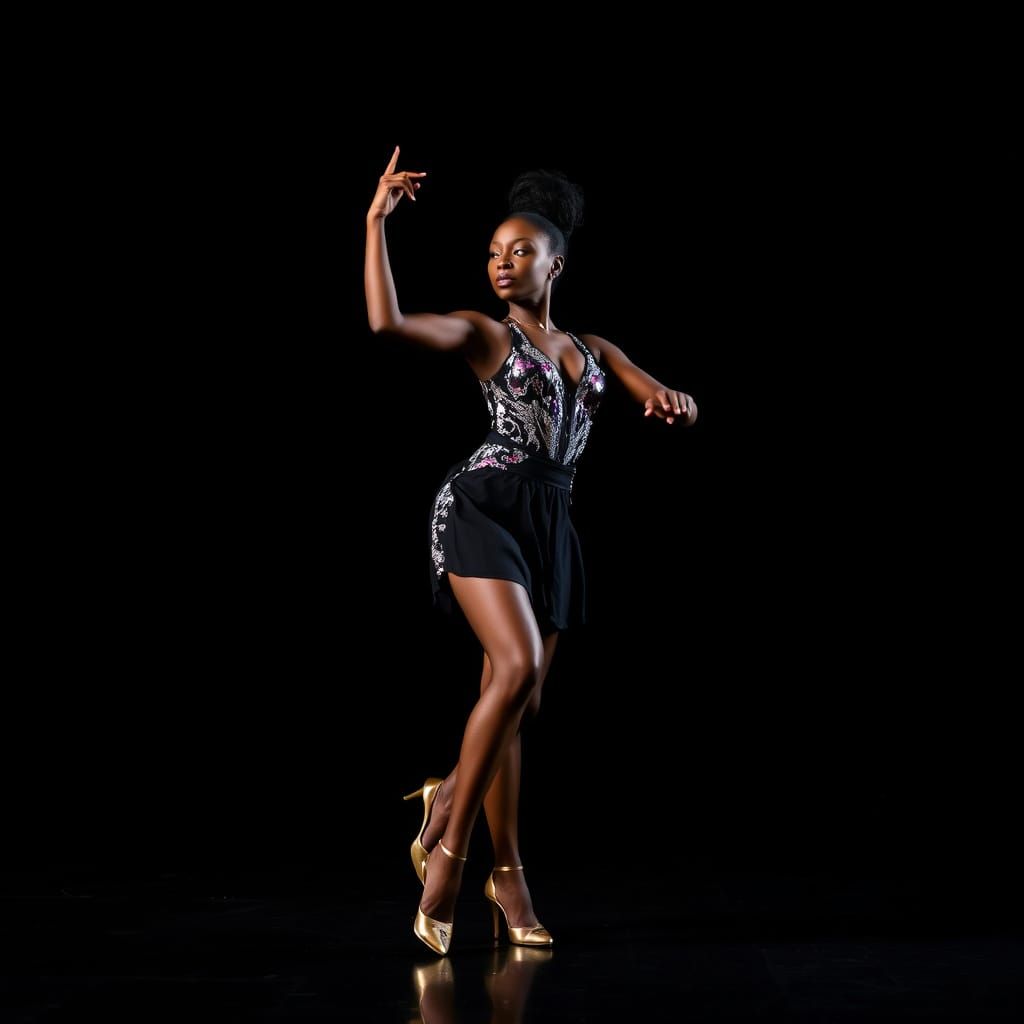 Elegant Black Female Tap Dancer on Black Background